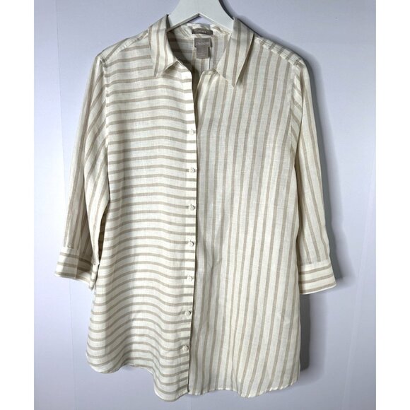 Chicos Womens Sz 2 L Beige Stripe Linen Button Up No Iron Tunic Top 3/4 Sleeve - Picture 1 of 10